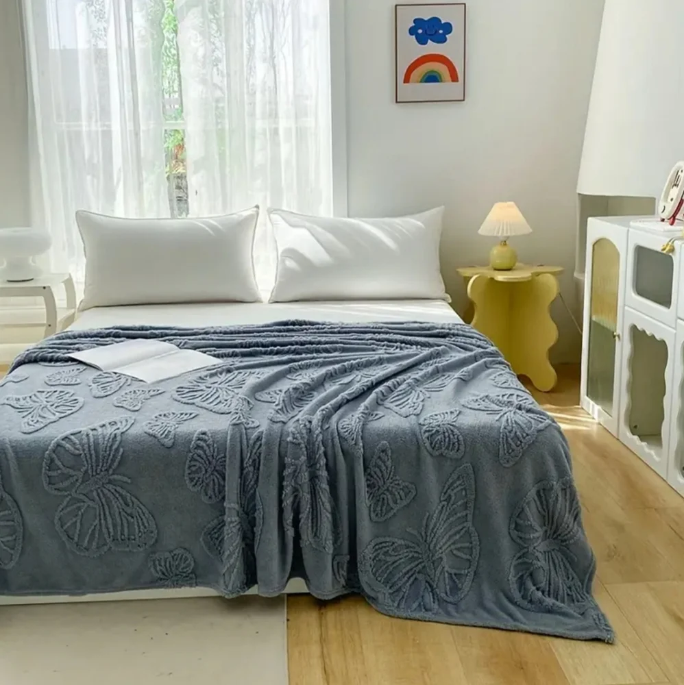 Super Soft Blue Embroidered Butterfly Throw Blanket